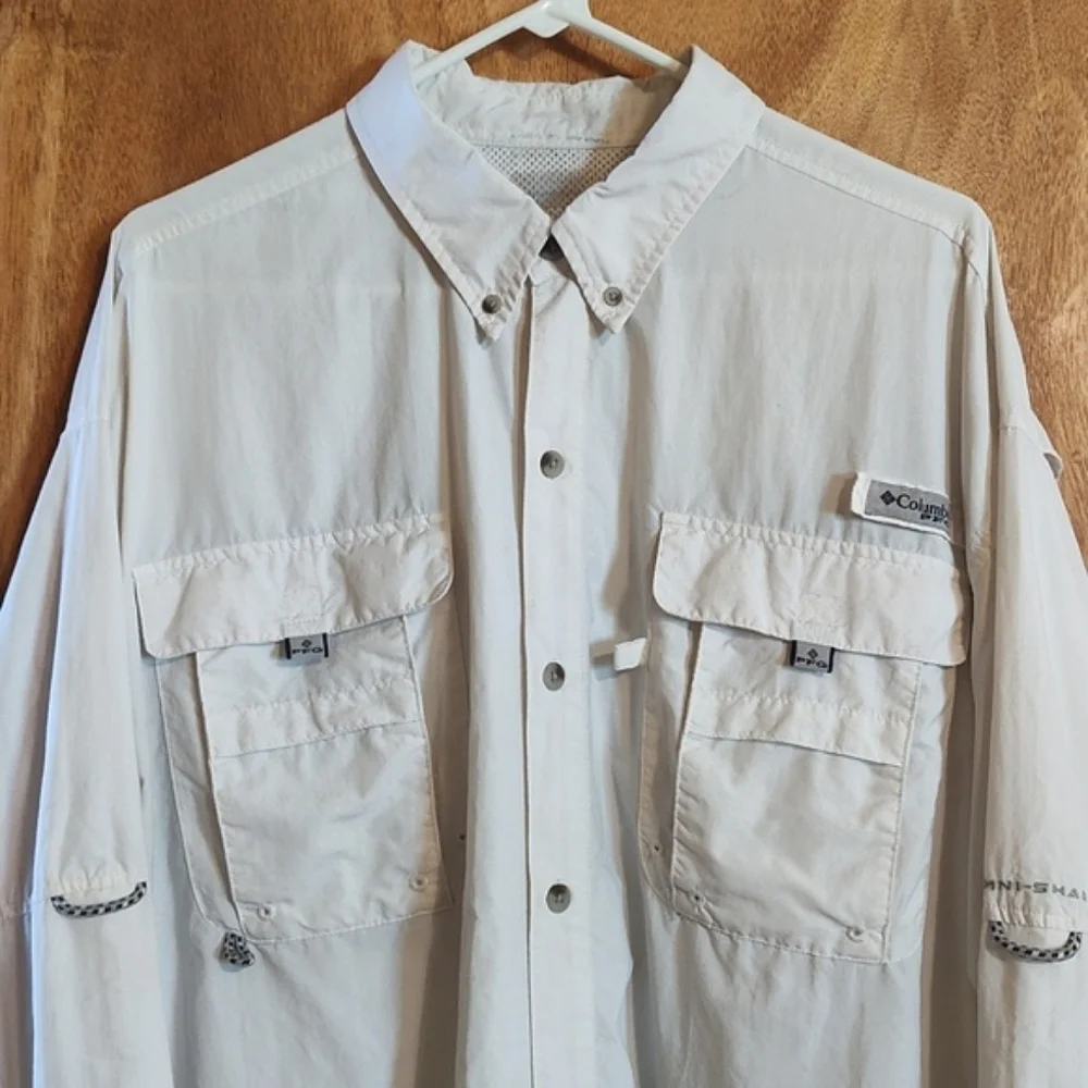 Columbia Mens Vented PFG Fishing Shirt White Collared Convertible Sleeves XXL - Picture 2 of 11